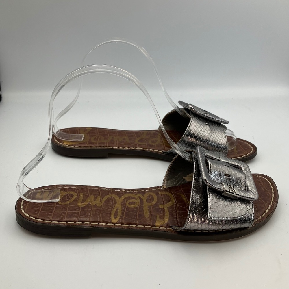 Sam Edelman Bay 8 Metallic Silver Snakeskin Buckle Slide Sandals Womens 8.5